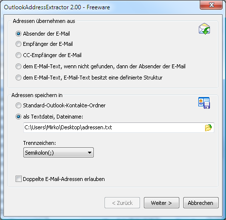 Screenshot vom Programm: OutlookAddressExtractor