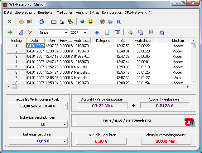 Screenshot vom Programm: Gebührenzähler WT-Rate